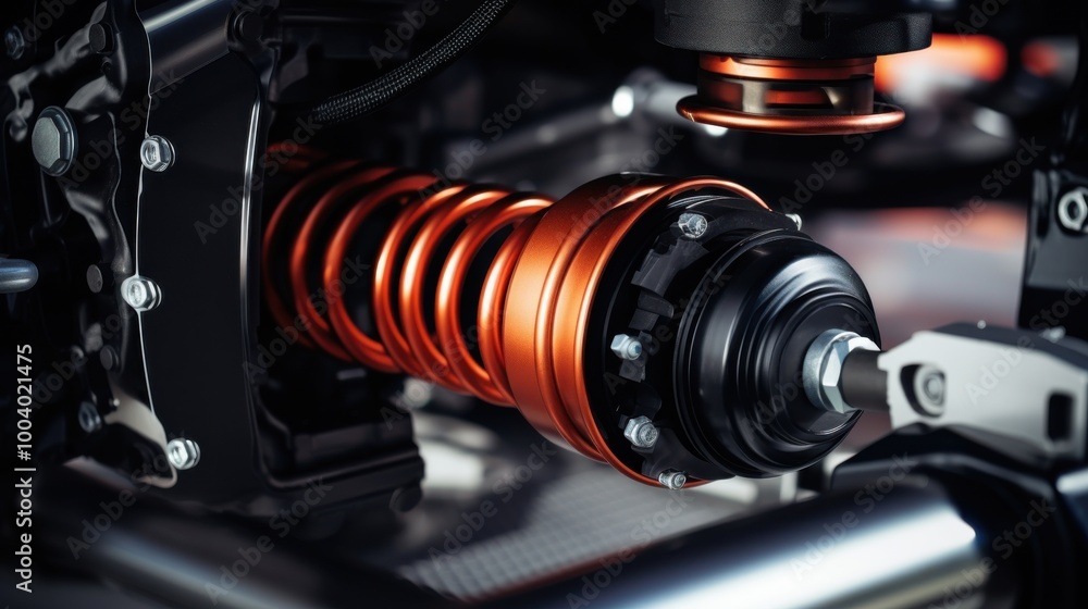 An intricate close-up of a modern, high-tech automotive suspension system, showcasing precision engineering and the elegance of mechanical design. An intricate close-up of a modern, high-tech automotive suspension system, showcasing precision engineering and the elegance of mechanical design.