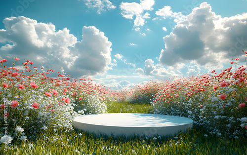 Wallpaper Mural White platform surrounded by pink and white flowers in a meadow
 Torontodigital.ca