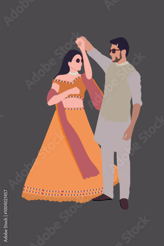 Indian wedding Couple Haldi ceremony vector portrait for Haldi invite