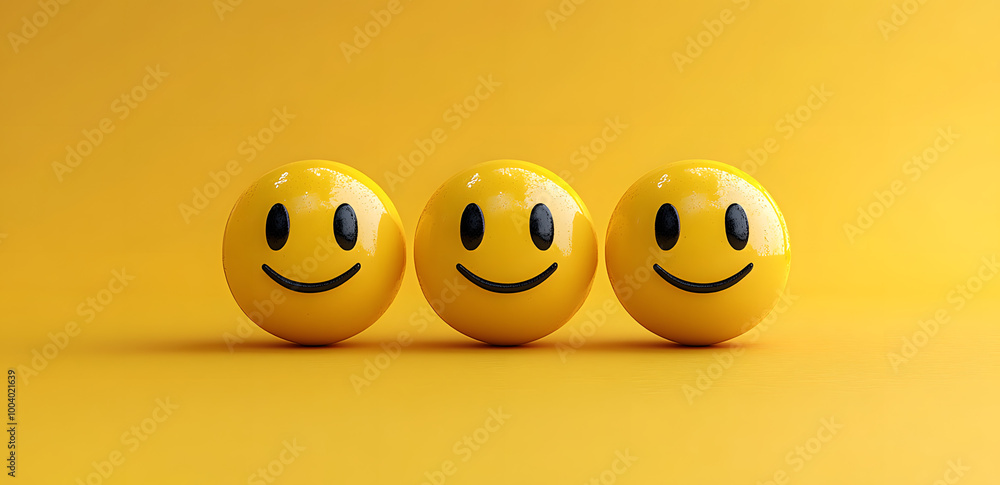 Three yellow smiley face balls on bright yellow background
Three yellow smiley face balls on bright yellow background