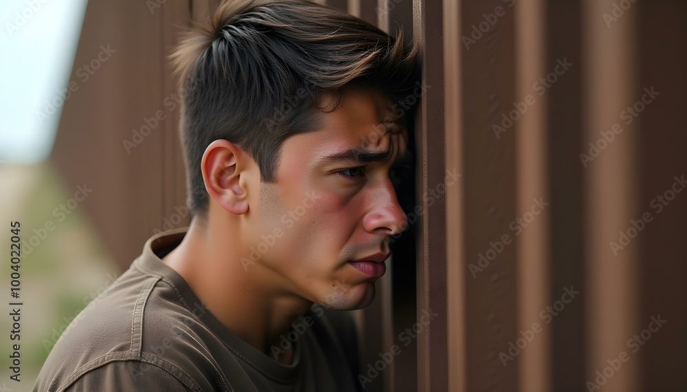 Young migrant man crying, his head resting against the US Mexico border wall Young migrant man crying, his head resting against the US Mexico border wall