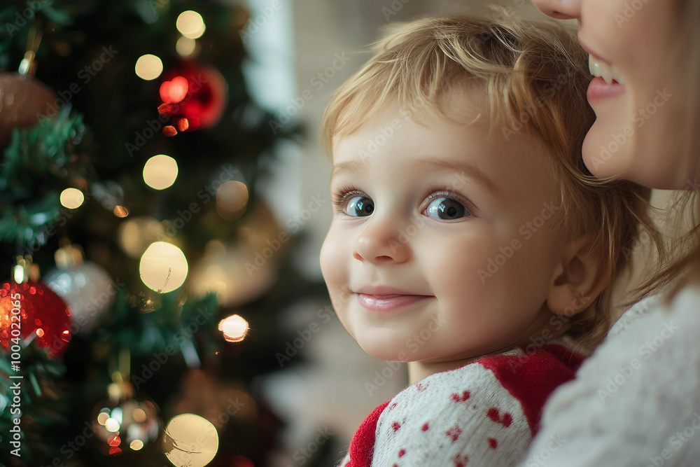 Generative AI image of mother father child couple family together by decorated Christmas tree holiday celebration themes Generative AI image of mother father child couple family together by decorated Christmas tree holiday celebration themes