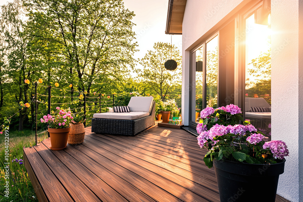 Fototapeta premium a modern apartment balcony with wooden deck, potted plants, and lounger, urban oasis 