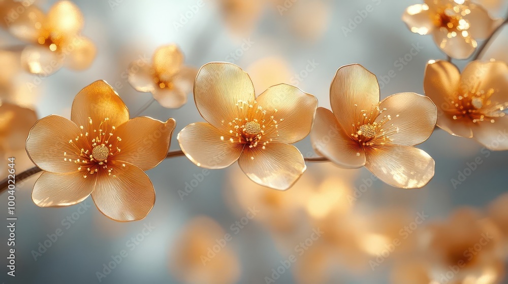 a 3d illustration showcases exquisite golden flowers and intricate branches against a soft light background creating an elegant and serene composition ideal for a postcard or decorative art a 3d illustration showcases exquisite golden flowers and intricate branches against a soft light background creating an elegant and serene composition ideal for a postcard or decorative art