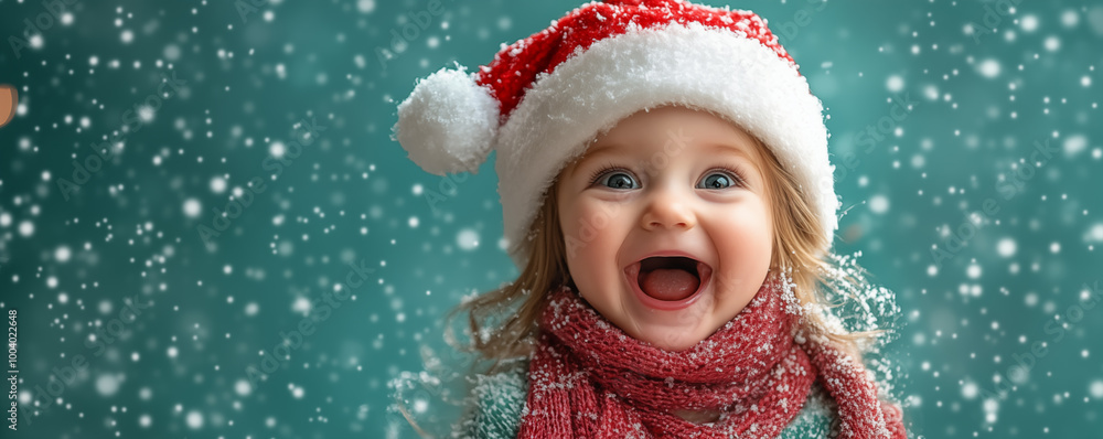 Adorable excited and smiling little girl in red Santa hat and scarf. Banner with copyspace and green snowy background. Shallow depth of field. Adorable excited and smiling little girl in red Santa hat and scarf. Banner with copyspace and green snowy background. Shallow depth of field.