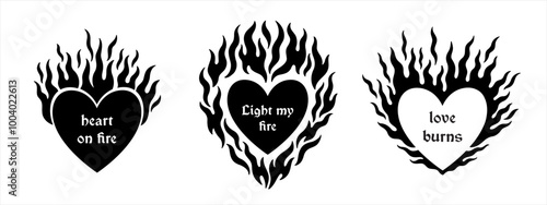 Gothic goth angel core y2k flaming burning hearts illustrations. Heart on fire, love burns, light my fire typographic compositions. Black white print design collection. Valentine's day templates set.