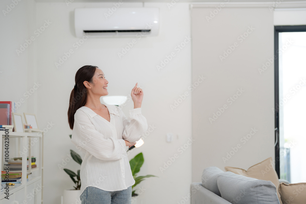 Smiling young woman with pointing gesture indoors Smiling young woman with pointing gesture indoors
