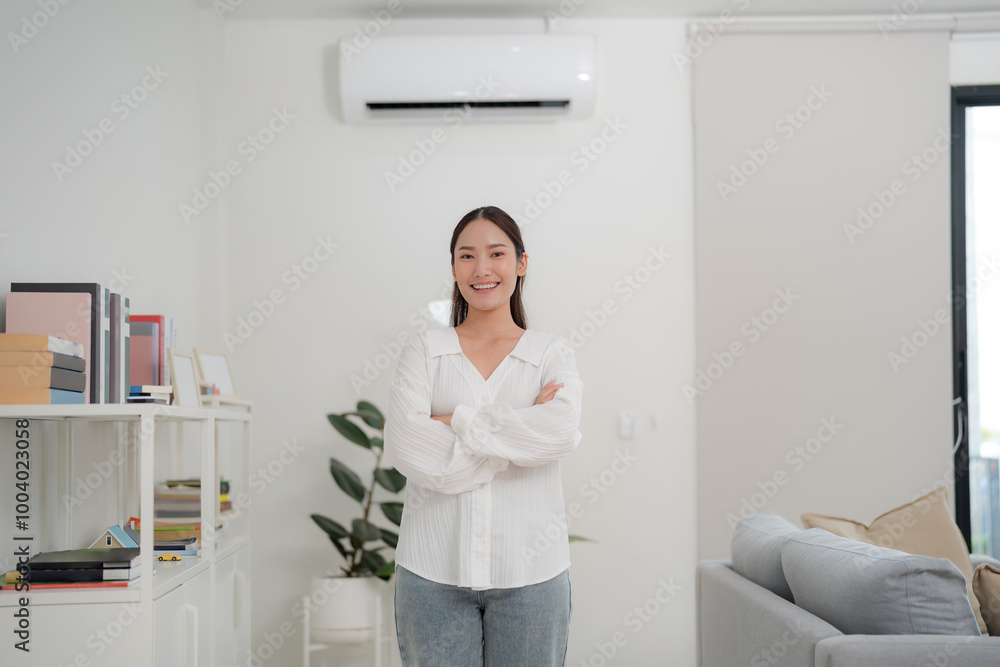 Smiling young woman with pointing gesture indoors Smiling young woman with pointing gesture indoors