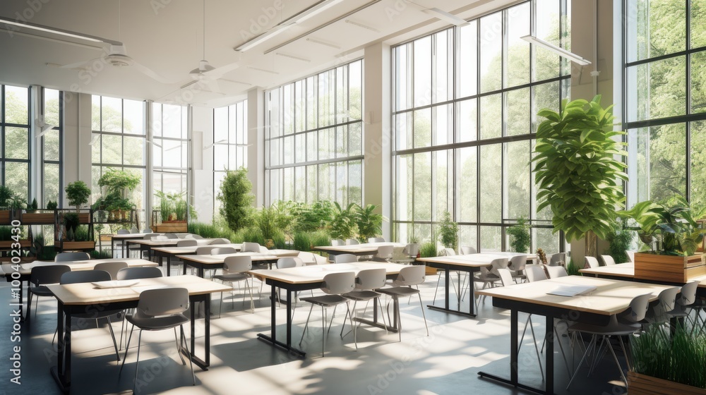 A modern classroom with neat rows of tables and chairs is bathed in natural light from large windows, creating a bright, airy learning environment. A modern classroom with neat rows of tables and chairs is bathed in natural light from large windows, creating a bright, airy learning environment.