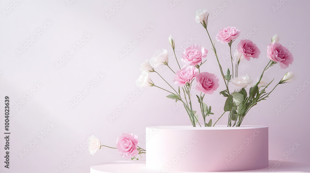 Pink peonies, blossoms, and white spheres float in the air above a pink pedestal, The flowers and orbs are scattered on a pink surface, A bouquet of pink flowers with white accents sits Pink peonies, blossoms, and white spheres float in the air above a pink pedestal, The flowers and orbs are scattered on a pink surface, A bouquet of pink flowers with white accents sits