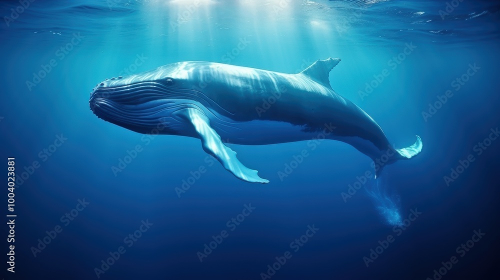 Obraz premium A magnificent whale swims gracefully among floating ice blocks in the clear blue ocean, exuding peaceful elegance.