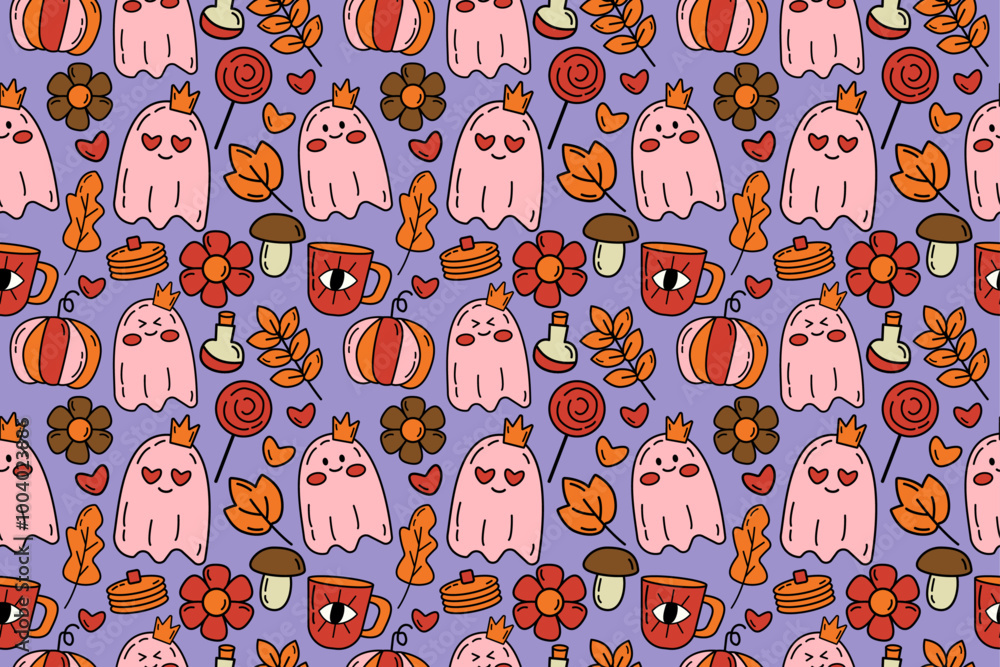 custom made wallpaper toronto digitalCute seamless pattern with trendy kawaii happy halloween vector illustration in flat outline cartoon cutie kids style for fabrics on purple background
