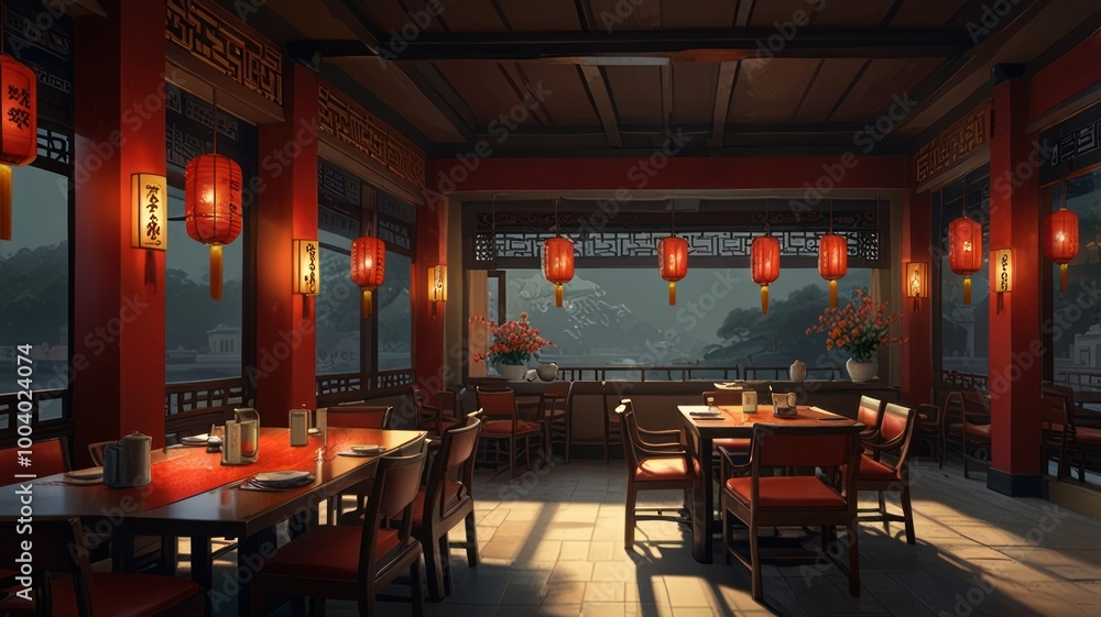 Traditional Chinese restaurant interior with red lanterns, wooden tables and chairs, and windows overlooking a scenic view.