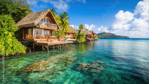 Tropical beach huts on stilts overlooking clear blue water and lush greenery.