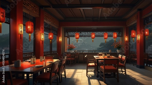 Obraz na płótnie Traditional Chinese restaurant interior with red lanterns, wooden tables and chairs, and windows overlooking a scenic view. w salonie
