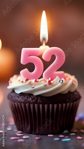 Birthday cupcake with burning lit candle with number 52. Number fiftytwo for fifty years or fifty-second anniversary. photo