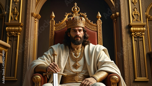 A majestic portrayal of King David seated on a grand throne, adorned in royal attire with a sword in hand. Ideal for historical themes, biblical illustrations, or regal artwork