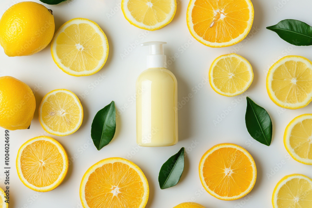 Minimalist mockup of a citrus body care set with lemons and orange slices on a white background Minimalist mockup of a citrus body care set with lemons and orange slices on a white background