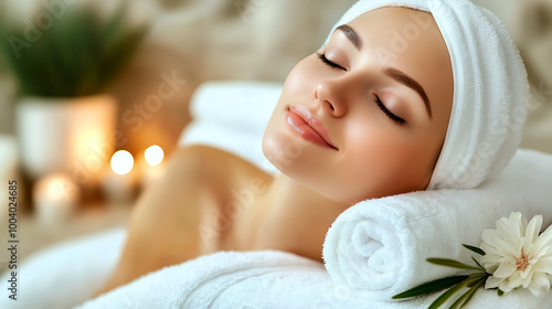 A woman enjoying a relaxing spa treatment in a beauty salon, lying down with a towel and receiving skincare therapy photo