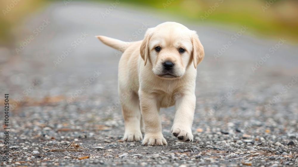 Adorable Golden Retriever Puppy Walking on a Gravel Road, Exploring the Great Outdoors Adorable Golden Retriever Puppy Walking on a Gravel Road, Exploring the Great Outdoors