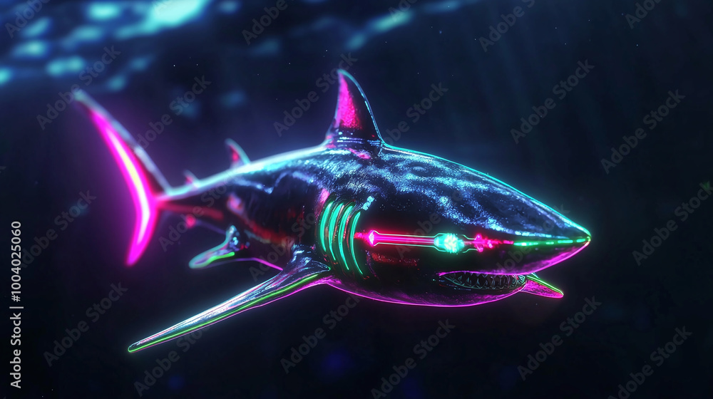 eerie synthwave shark creature with glowing neon accents swimming through dark, stylized ocean eerie synthwave shark creature with glowing neon accents swimming through dark, stylized ocean