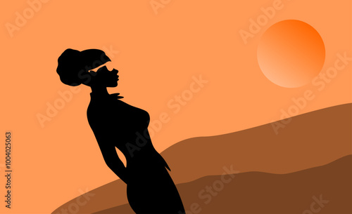 Vektor Silhouette Abstrakt - Junge Frau im Afro Look mit Sonnenbrille schaut entspannt in die untergehende Sonne