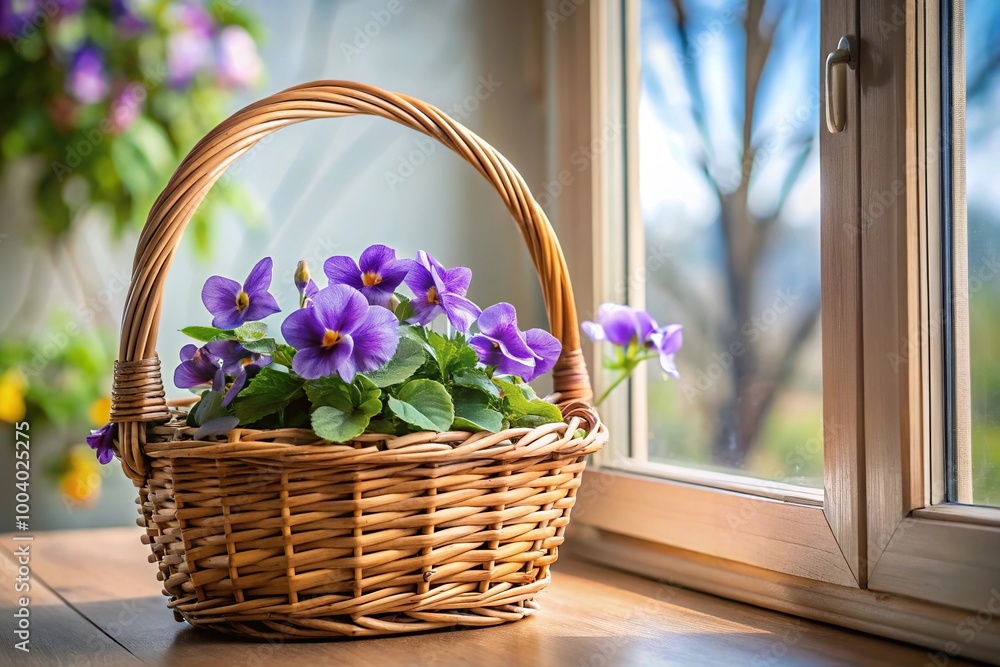 Wicker basket with violets on windowsill reflected in window Wicker basket with violets on windowsill reflected in window