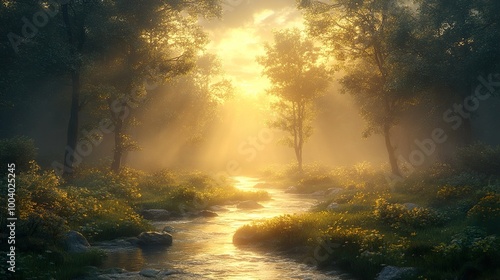 Golden Hour in a Misty Forest Stream - Tranquil Nature Photography