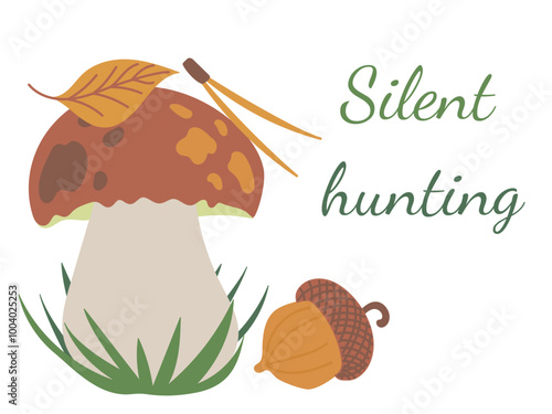 Beautiful edible porcini mushroom with chestnut leaf on top and acorn in grass isolated on white background. Hand drawn vector flat colored illustration. Concept of autumn silent mushroom hunting