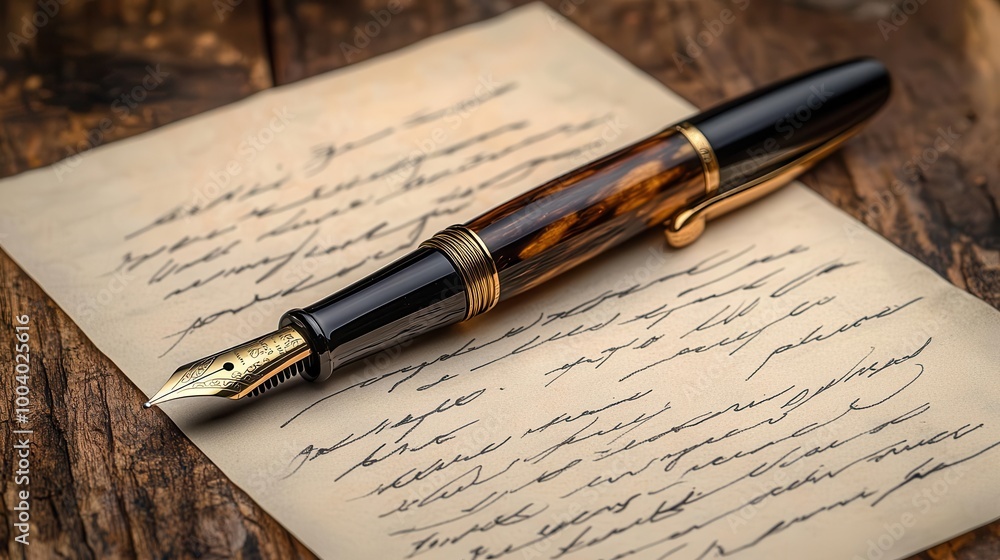 a classic fountain pen poised gracefully on a handwritten document featuring elegant cursive script highlighting the art of writing and personal expression in a sophisticated manner a classic fountain pen poised gracefully on a handwritten document featuring elegant cursive script highlighting the art of writing and personal expression in a sophisticated manner