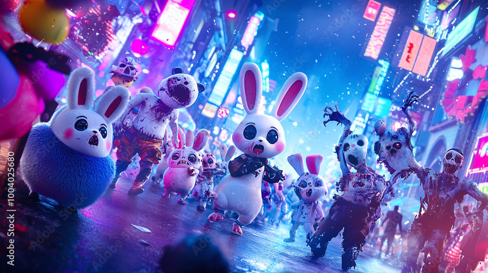 Obraz premium nightmarish illustration blending cute animals with horrific undead elements, set against vibrant retro-futuristic backdrop