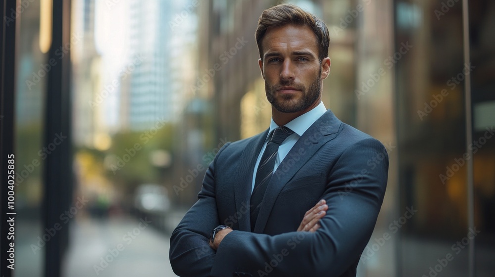 A man in a suit and tie stands in front of a building, looking confident A man in a suit and tie stands in front of a building, looking confident