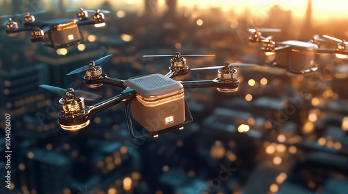 Wallpaper Mural  AI-driven drones delivering packages in a bustling city.  Torontodigital.ca