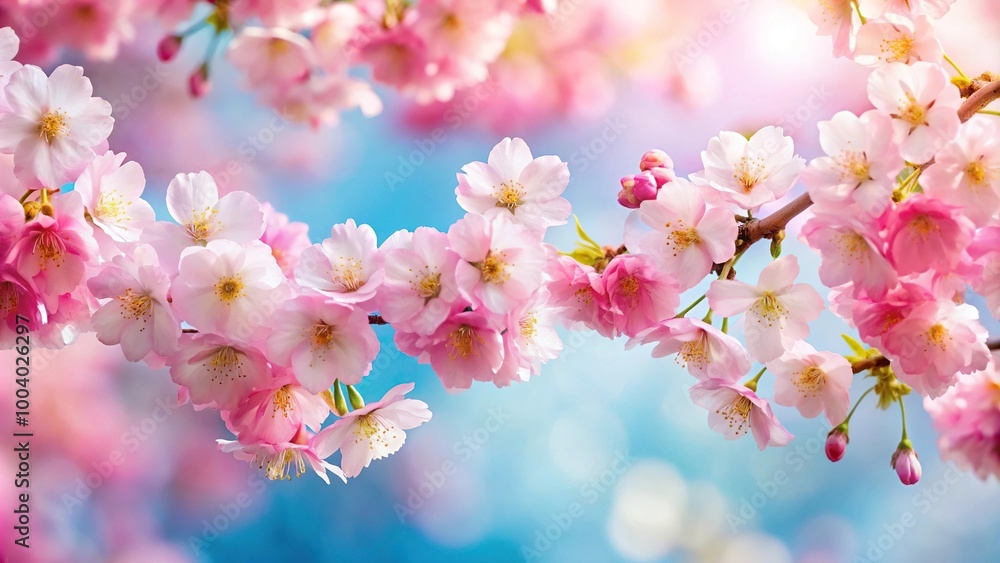 Wide angle view of pink cherry blossoms against soft pastel background Wide angle view of pink cherry blossoms against soft pastel background