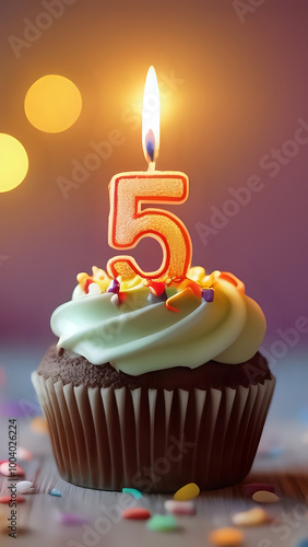 Birthday cupcake with lit birthday candle. Number five for five years or fifth anniversary. photo