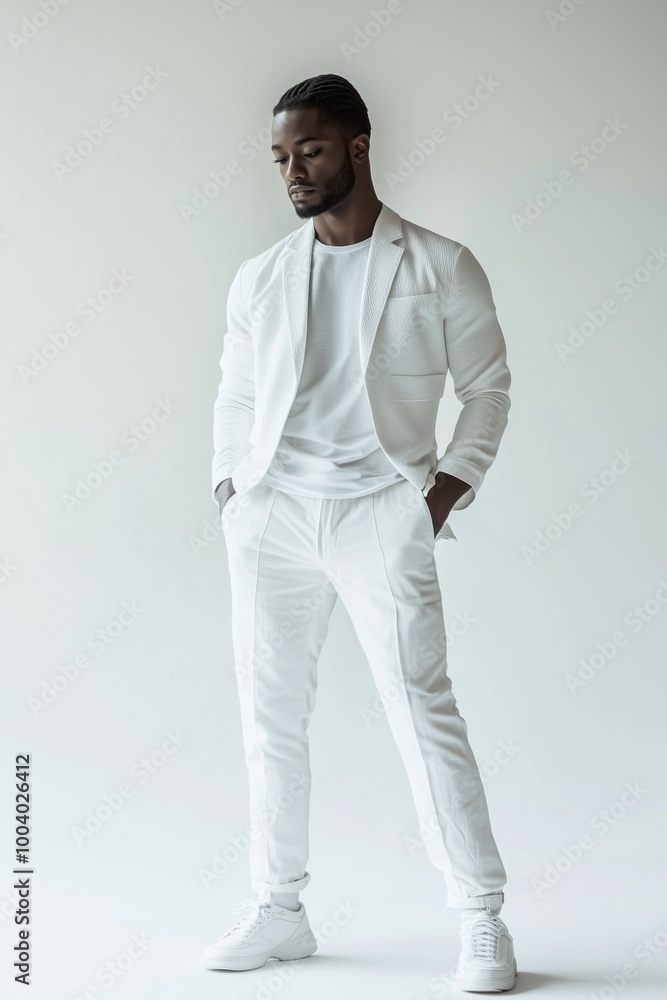 Fototapeta premium Confident man in modern white suit posing with relaxed demeanor against a neutral background