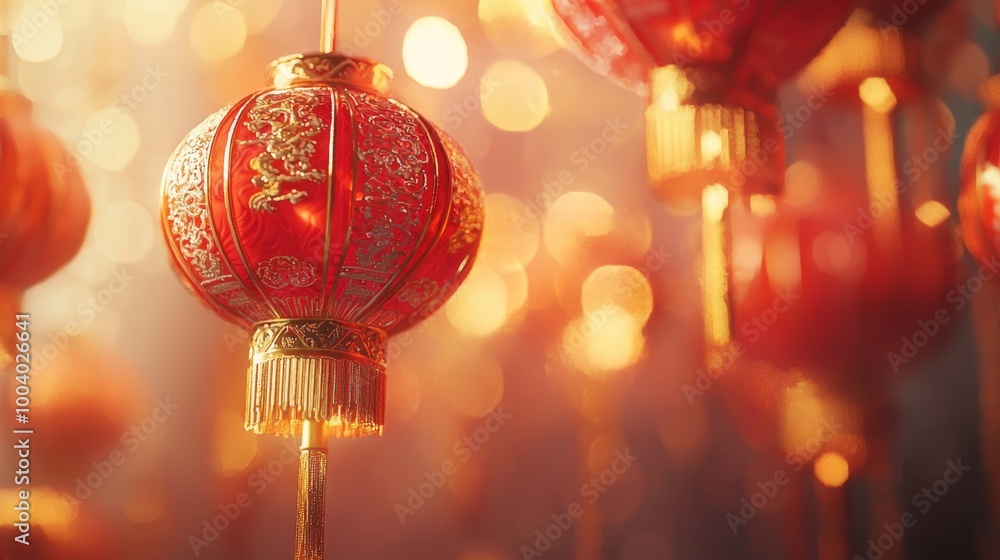 Obraz premium Elegant red Chinese lanterns with golden patterns floating in a dreamy, glowing backdrop.