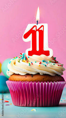 Birthday cupcake with burning lit candle with number 11. Number eleven for eleven years or eleventh anniversary.