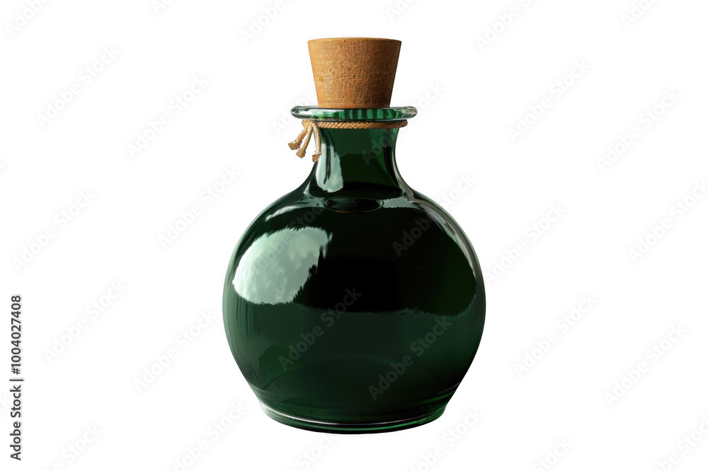 A dark green glass bottle of olive oil with a cork stopper, isolated on a white background A dark green glass bottle of olive oil with a cork stopper, isolated on a white background