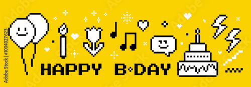 Set of y2k birthday pixel element. Party, event concept. Birthday cake, balloon, flower. Pixel art style. Celebration design, playful collage sticker, poster. Vector illustration. icon. Game abstract