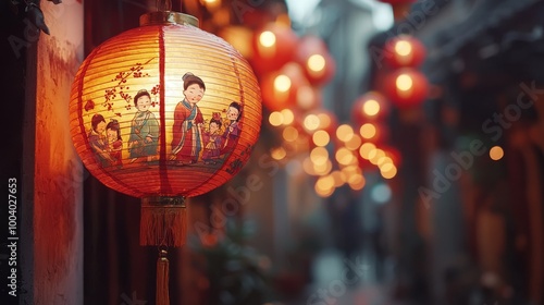 Glowing red Chinese lanterns in a narrow alley at dusk, creating a warm festive atmosphere.