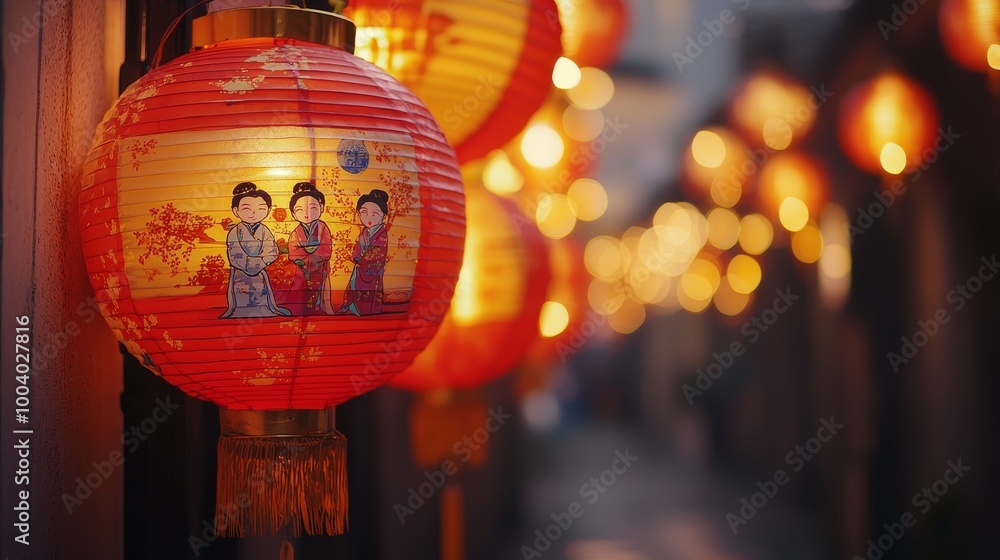 Glowing red Chinese lanterns in a narrow alley at dusk, creating a warm festive atmosphere. Glowing red Chinese lanterns in a narrow alley at dusk, creating a warm festive atmosphere.
