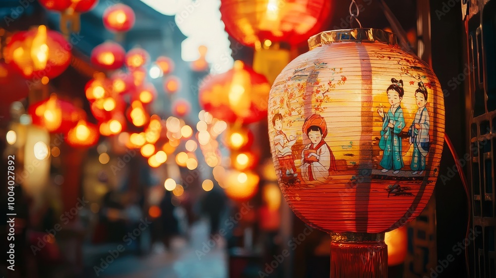 Glowing red Chinese lanterns in a narrow alley at dusk, creating a warm festive atmosphere. Glowing red Chinese lanterns in a narrow alley at dusk, creating a warm festive atmosphere.