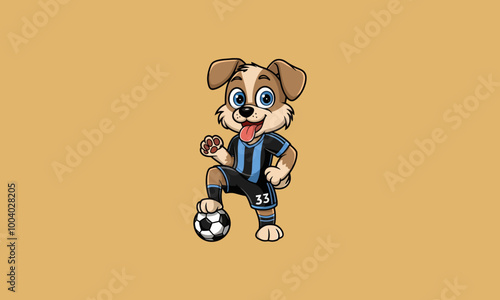 Cartoon soccer dog kicking a ball with joy.