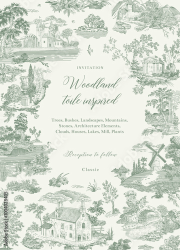 Invitation. Woodland. Toile inspired. Vector vintage illustration. Green and white.