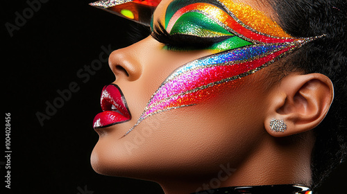 expressive drag artist showcasing colorful, fantasy-inspired makeup look on black background photo