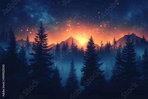 illustration featuring digital abstract technology with space for titles, layered over a forest background. Ideal for tech design concepts. 