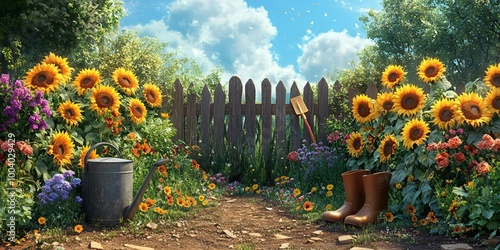 Fototapeta Naklejka Na Ścianę i Meble -  A rustic garden path lined with sunflowers, wildflowers and a wooden fence with a watering can and boots.