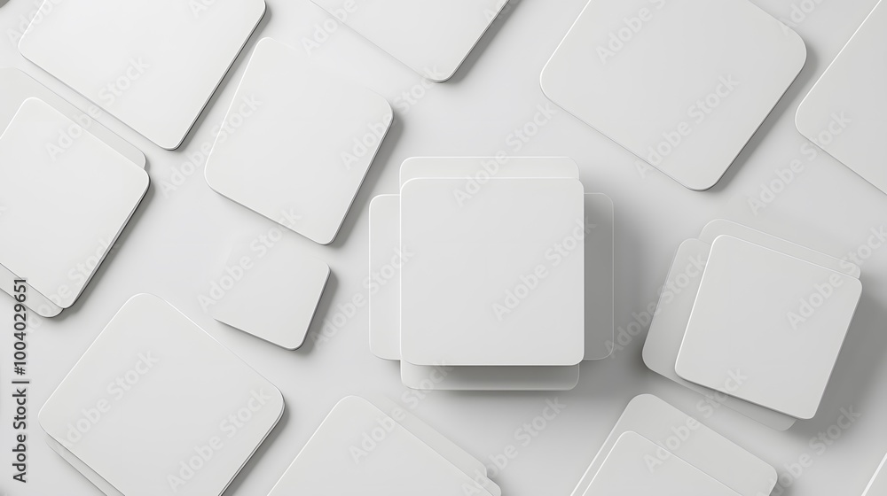 3d render, abstract white geometric background, minimal flat lay, twisted deck of square blank cards with rounded corners. 3d render, abstract white geometric background, minimal flat lay, twisted deck of square blank cards with rounded corners.