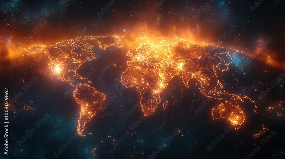 Fototapeta premium a digital artwork illustrating a global network of connections with vibrant data visualizations symbolizing modern technology and the interconnectivity of communication across the world